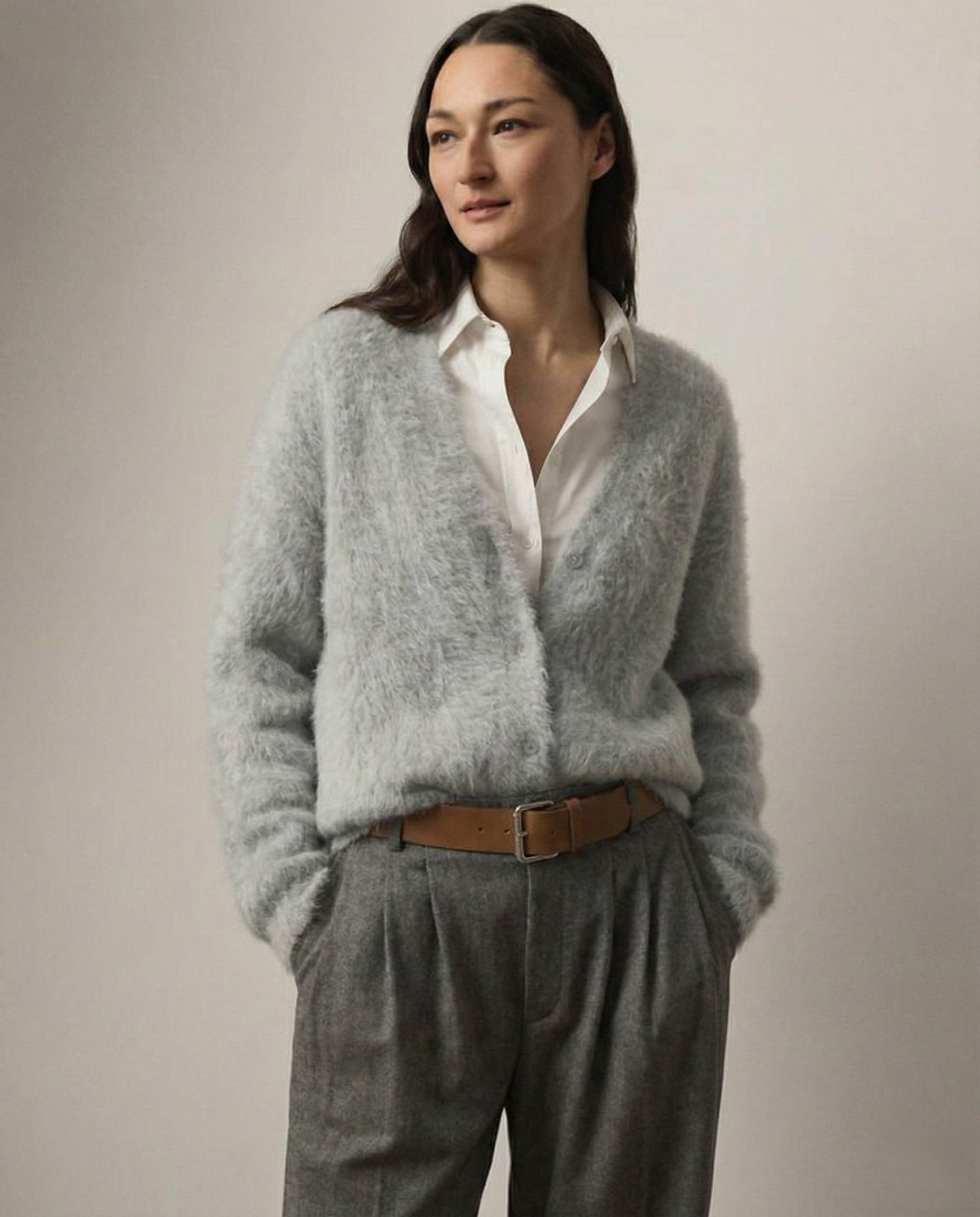 Margo & Main – light gray brushed knit oversized cardigan buttoned front view, US women's sizes