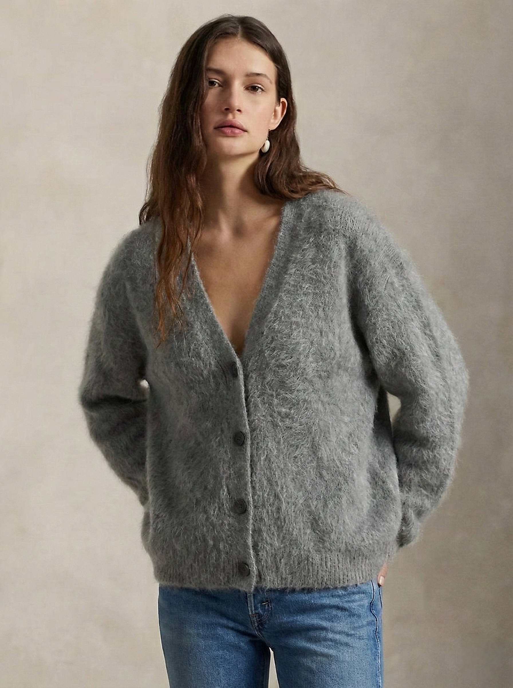 Margo & Main – gray brushed knit oversized cardigan open front view, US women's sizes