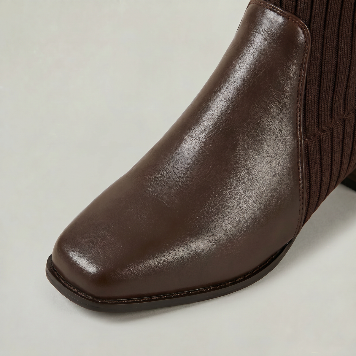 Margo & Main – Dark Brown ribbed knit knee-high boots square toe close-up, US women's sizes