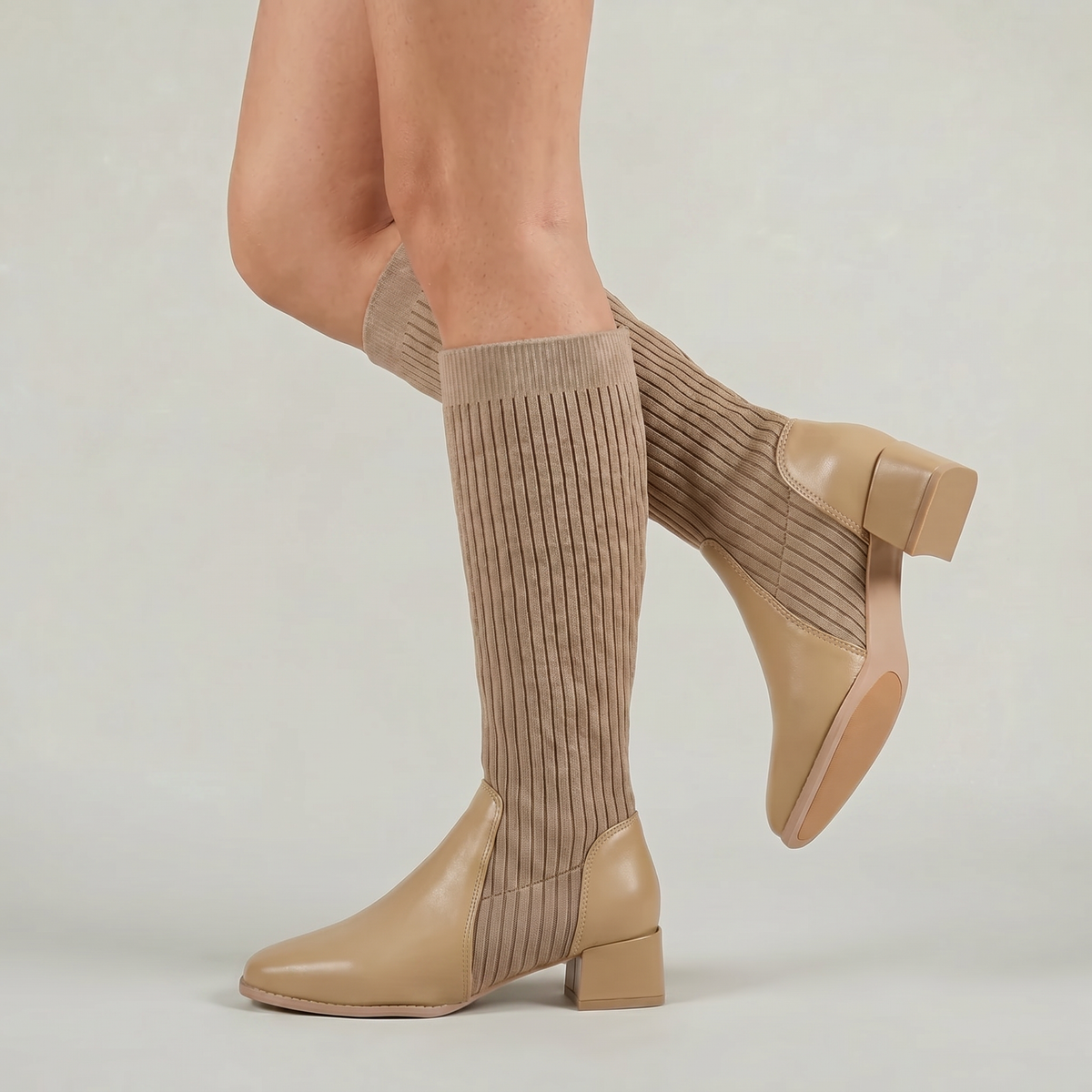 Margo & Main – Tan ribbed knit knee-high boots worn heel detail, US women's sizes