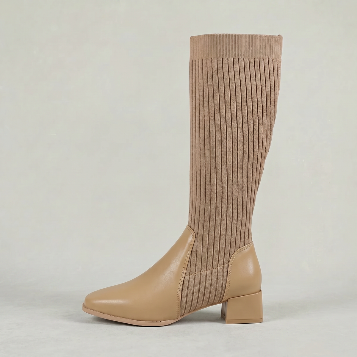 Margo & Main – Tan ribbed knit knee-high boots side profile view, US women's sizes