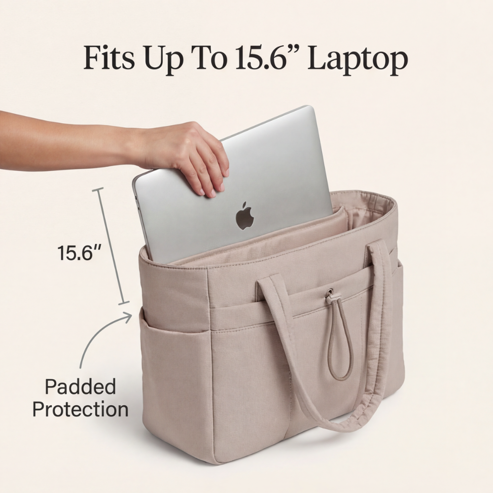 Margo & Main – Tova tan work tote diagram showing the padded 15.6 inch laptop compartment