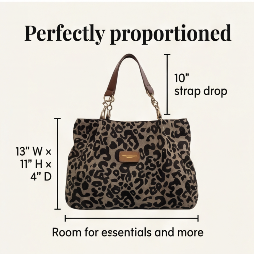 Margo & Main – Lynxe brown leopard canvas bag diagram showing dimensions and strap drop