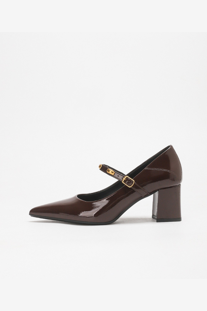 Margo & Main – brown studded strap mary jane block heel pumps, detail view, US women's sizes