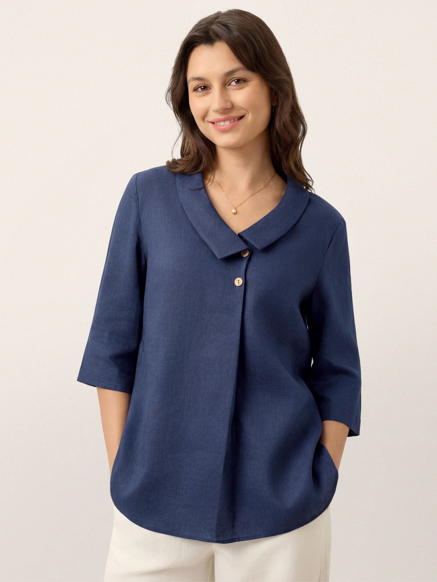 Margo & Main – Bettina dark blue tunic blouse, draped collar front view, US women's sizes
