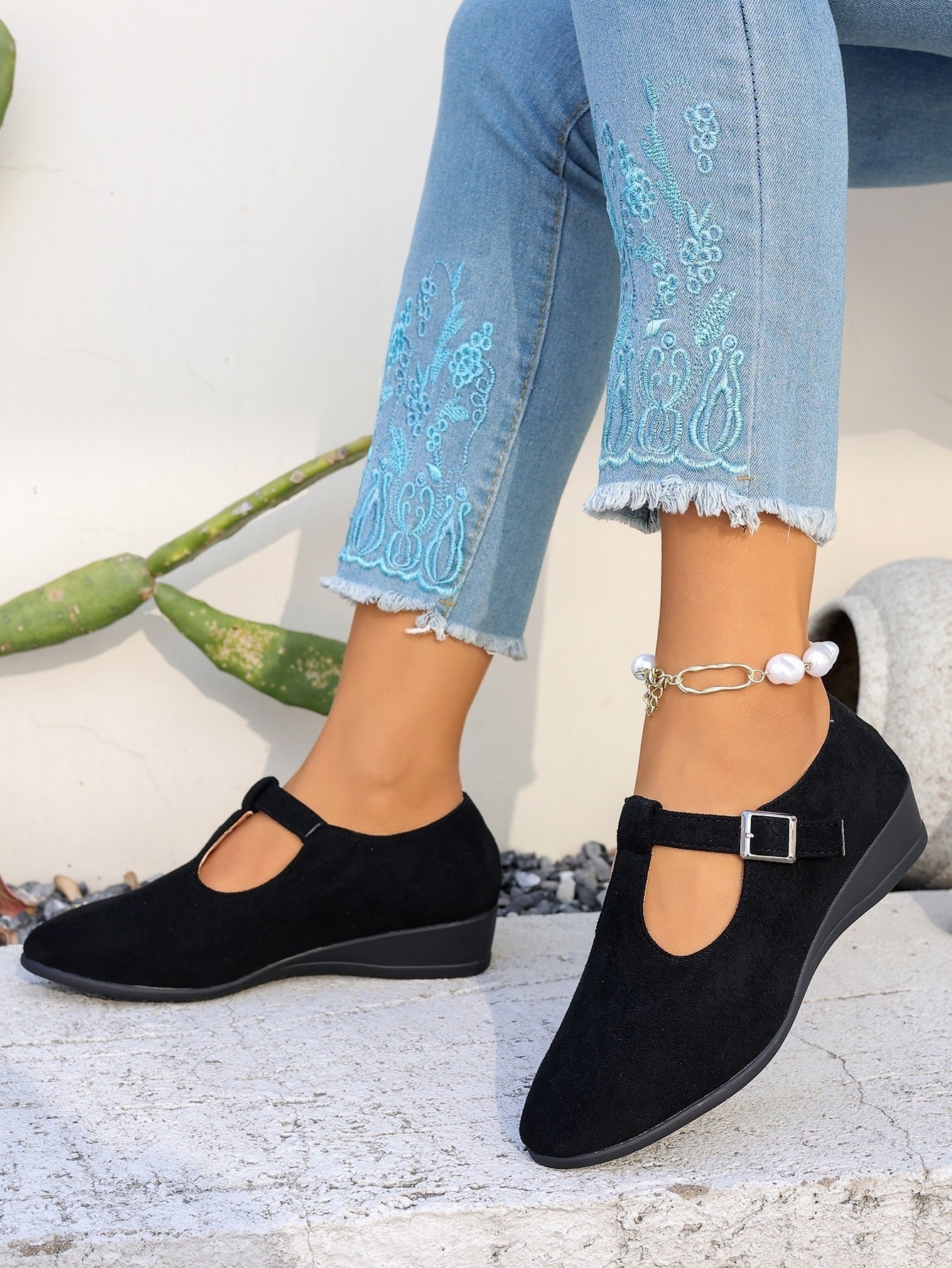 Cosette T-Strap Suede Wedge Mary Janes