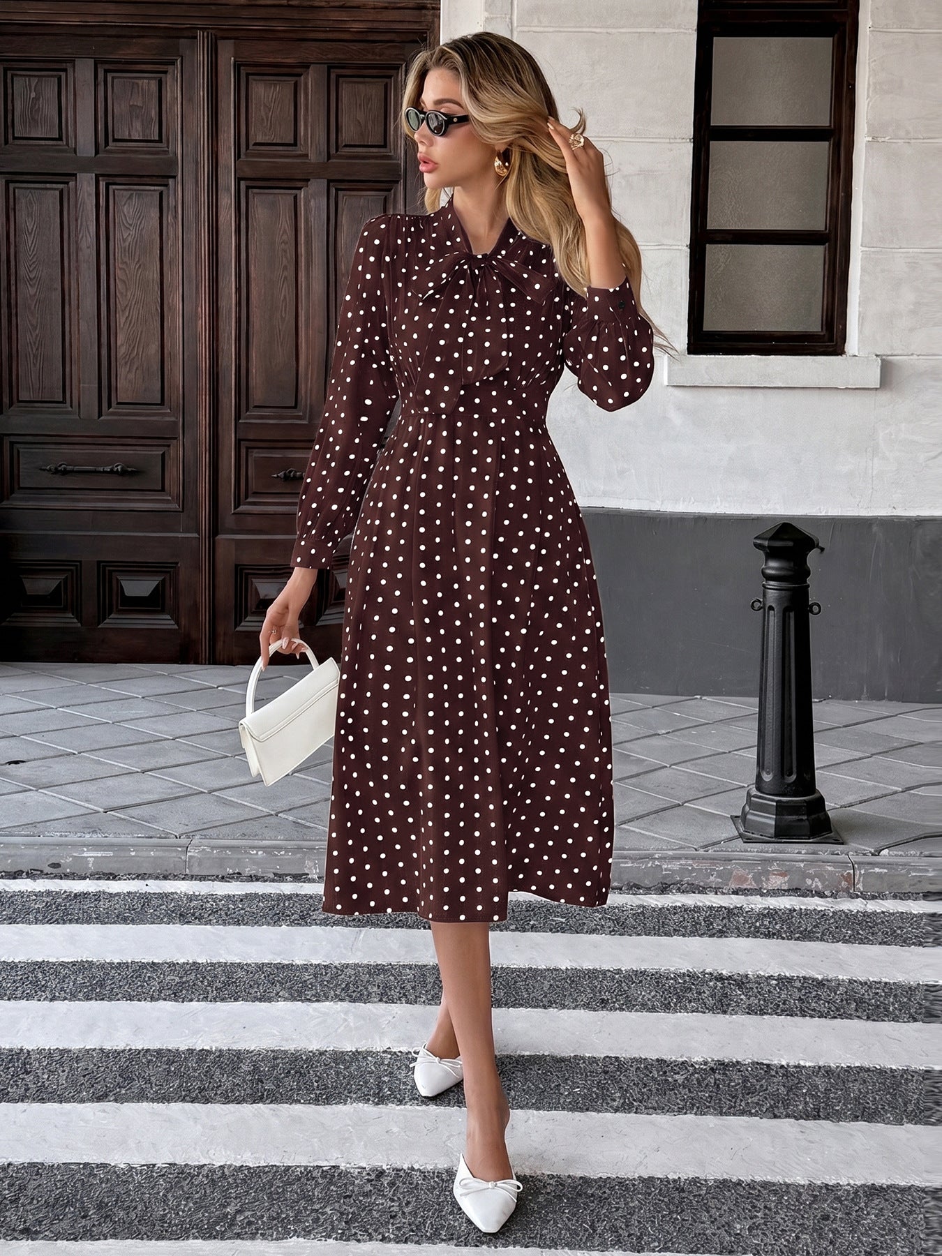 Margo & Main – polka dot tie neck pleated midi dress, additional view 14, US women's sizes