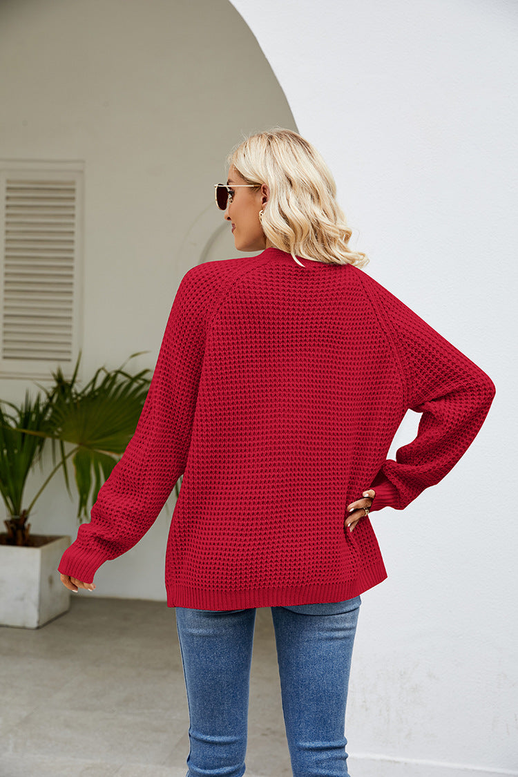 Margo & Main – waffle knit open front cardigan, side view, US women's sizes