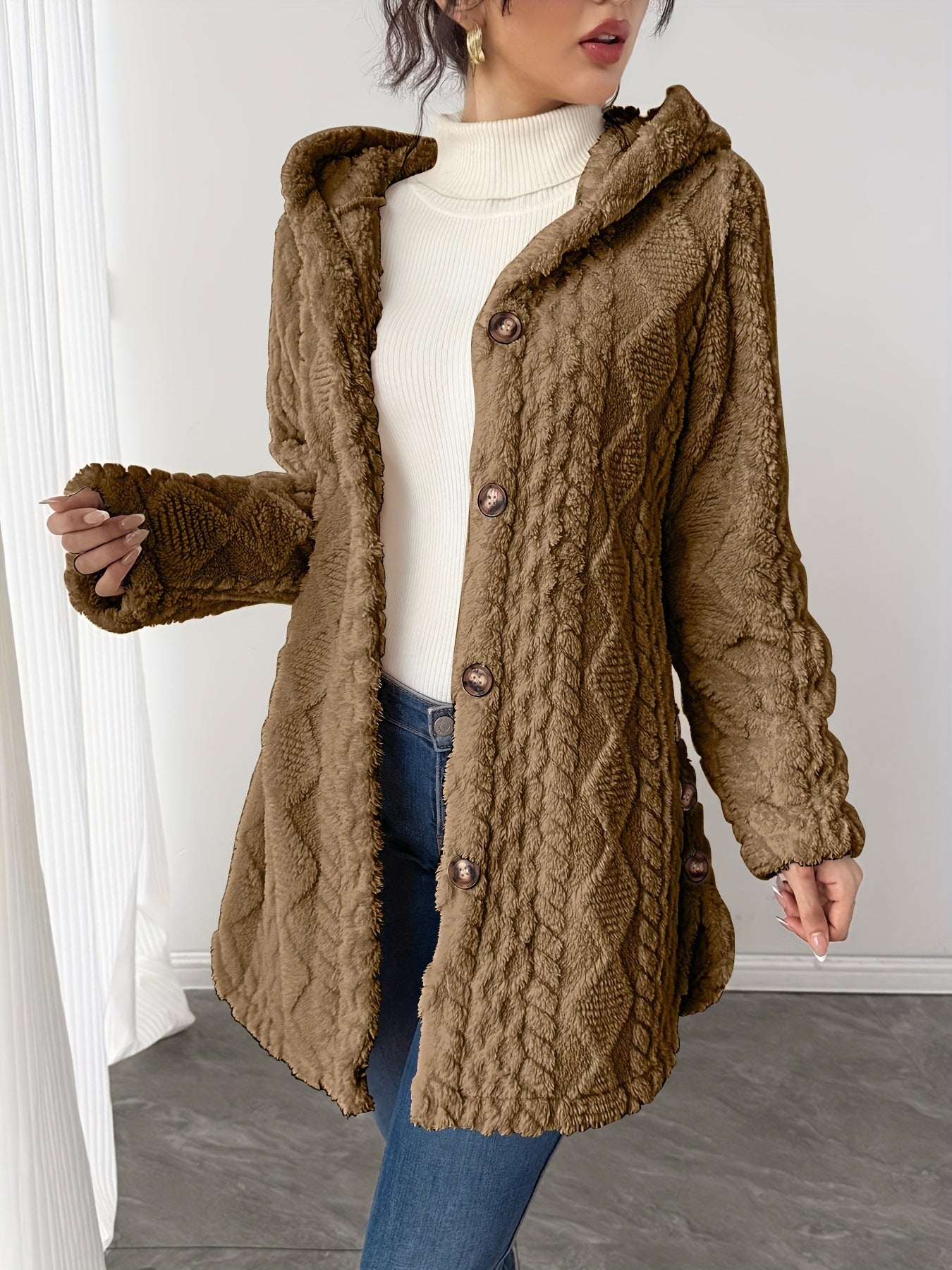 Margo & Main – hooded sherpa fleece button jacket, fabric detail, US women's sizes