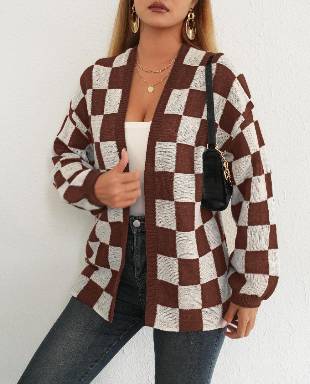 Avielle Deer Plush Checkerboard Cardigan