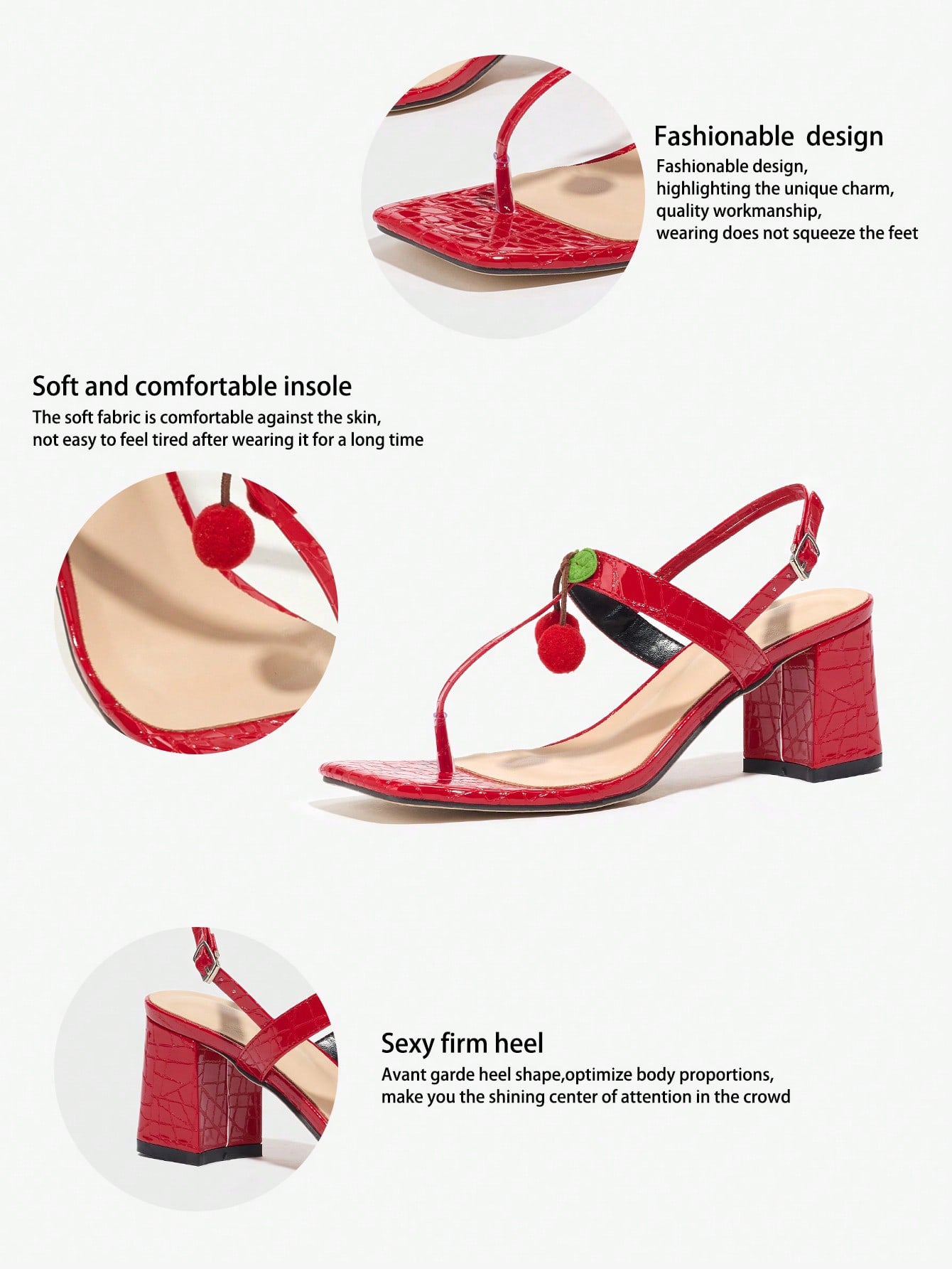 Cherry Detail Glossy Block Heel Sandals