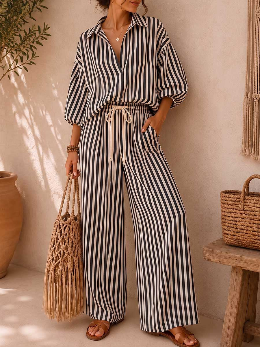 Etta Cotton Linen Striped Two Piece Pants Set