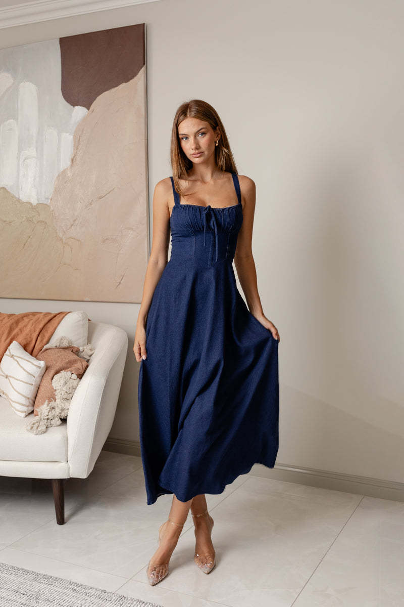 Margo & Main – navy corset-bodice denim midi dress, side view, US women's sizes