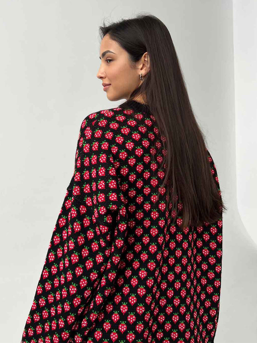 Alodie Strawberry Jacquard Crew Neck Sweater