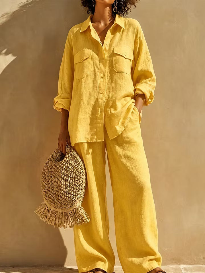 Alize Lightweight Button-Up Wide Leg Pants Set