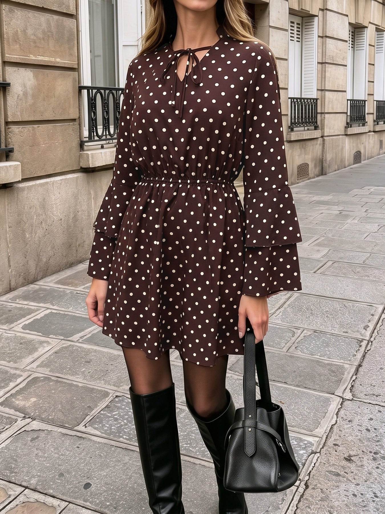 Margo & Main – polka dot bell sleeve mini dress, side view, US women's sizes
