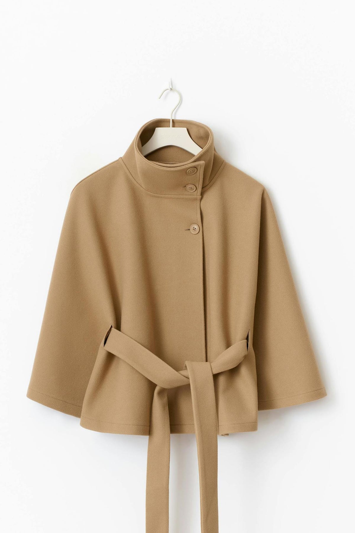 Margo & Main – Anneke camel button-front belted cape coat, hanger product shot with the belt untied, US women's sizes