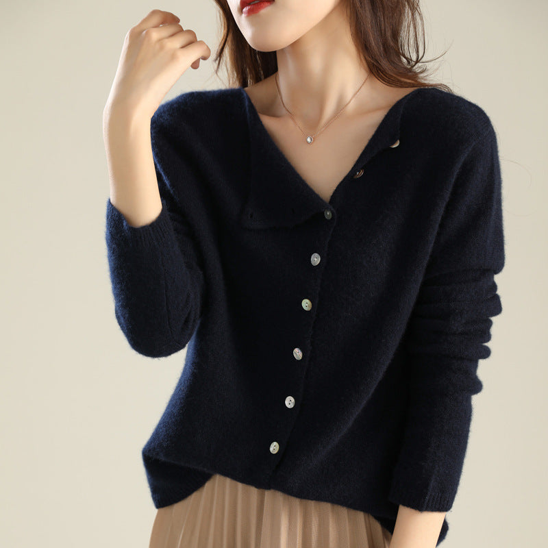 Margo & Main – asymmetric button knit sweater, full length view, US women's sizes