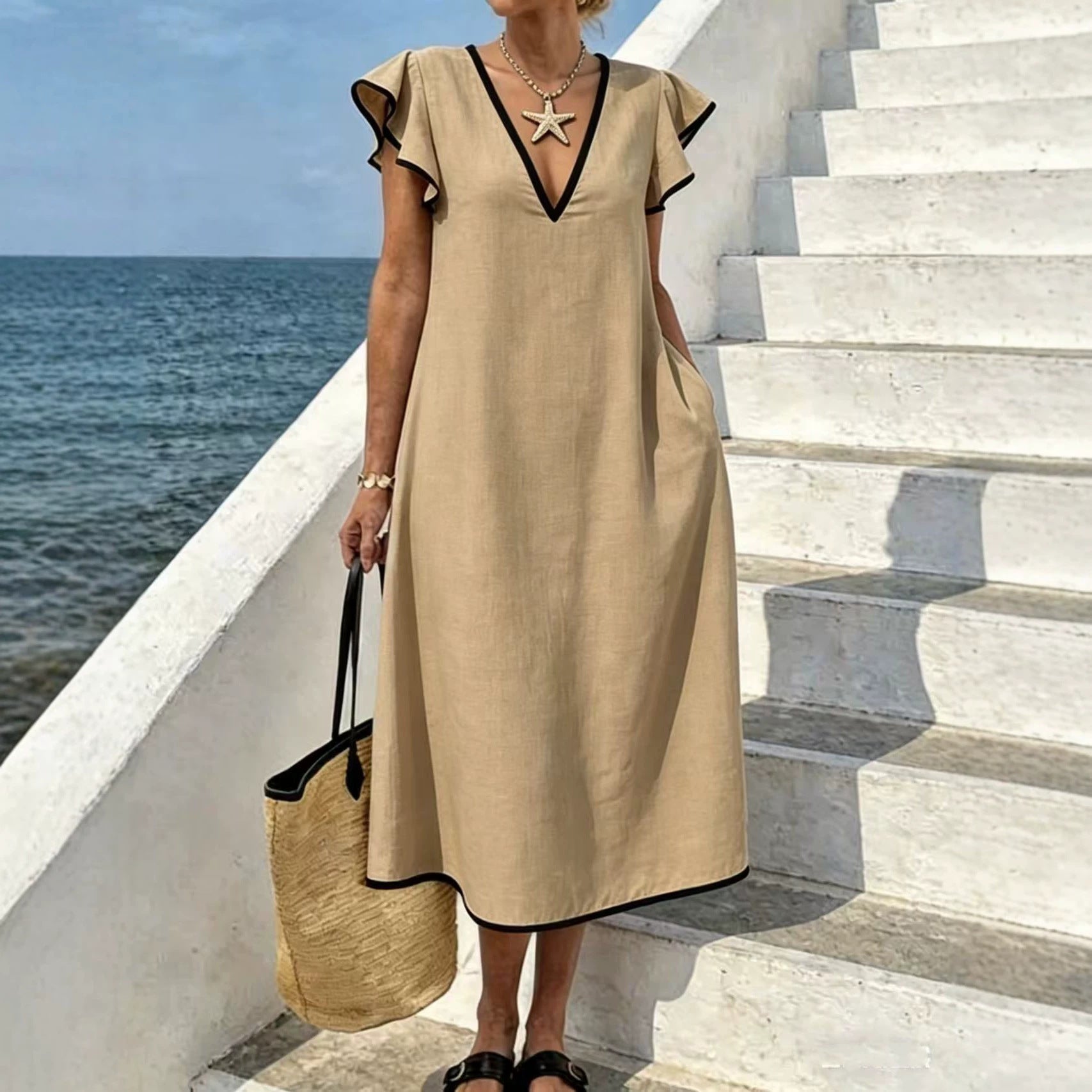 Margo & Main - tan linen maxi dress V-neck and flutter sleeve detail, US women's sizes