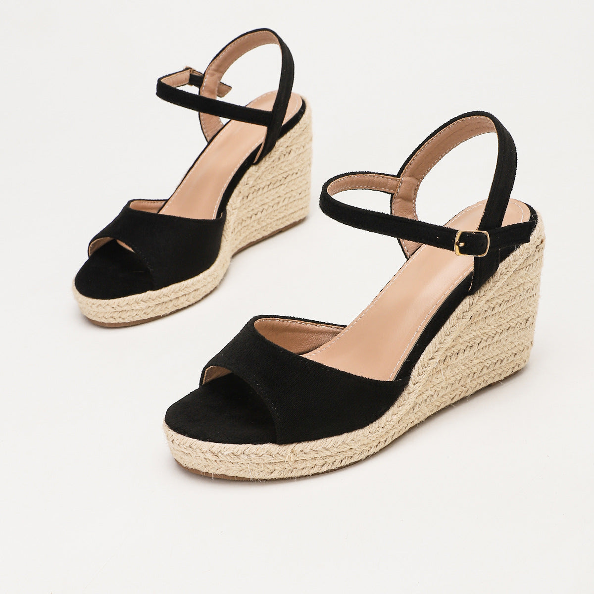 Margo & Main - Black espadrille wedge sandals, studio pair, angled front view, US women's sizes