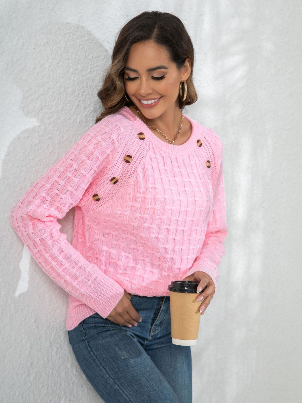 Vedette Button Detail Textured Knit Sweater