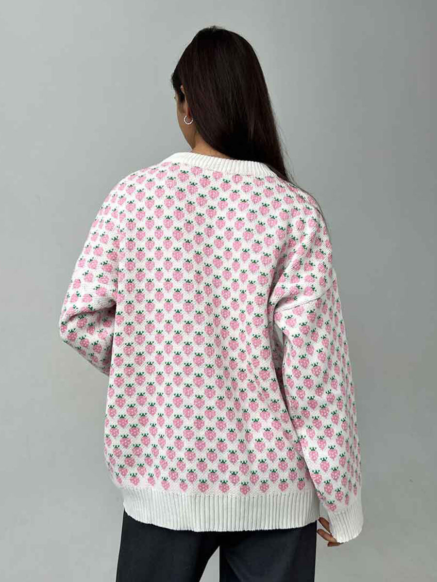 Alodie Strawberry Jacquard Crew Neck Sweater