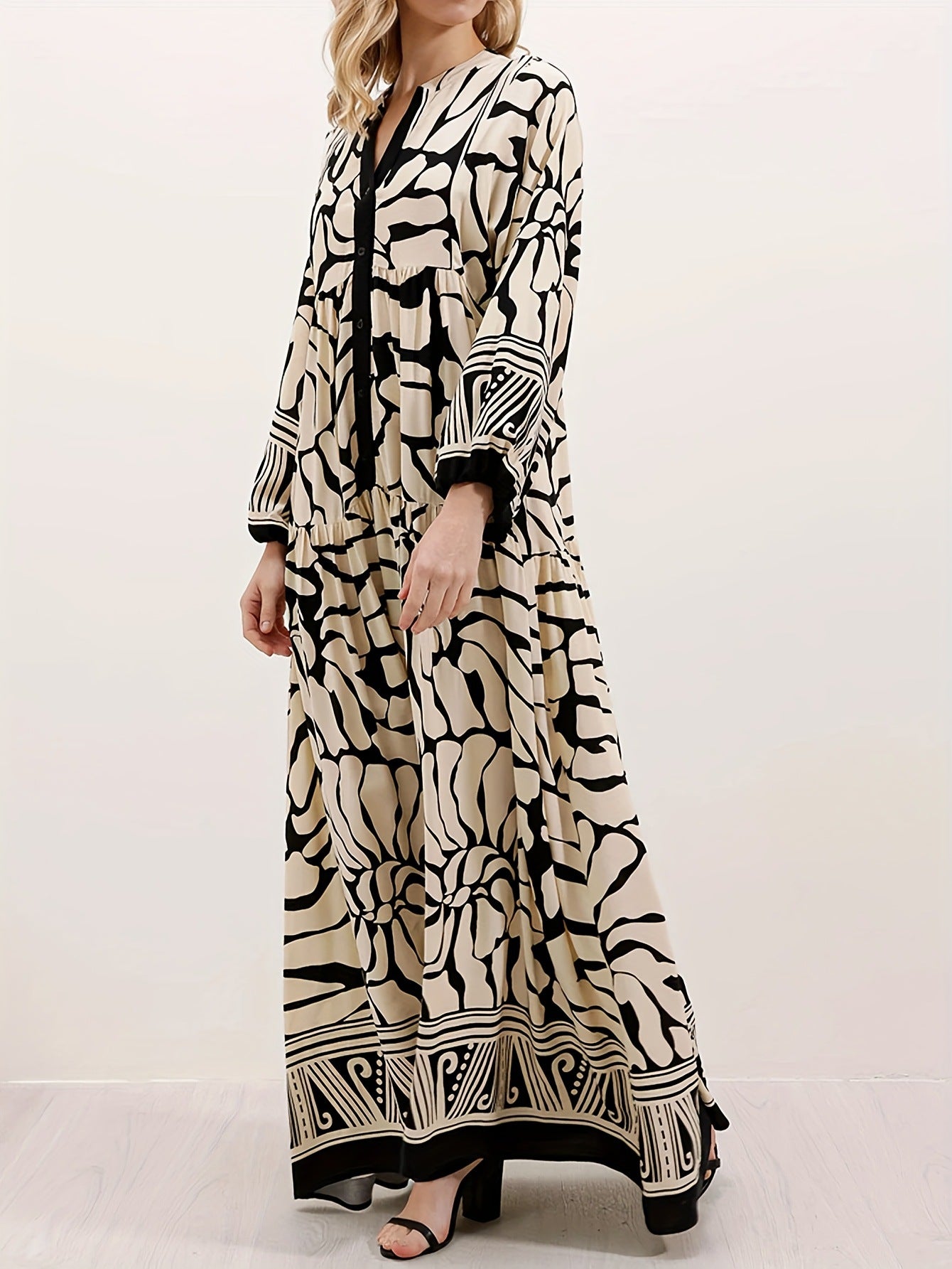 Margo & Main – cream and black print maxi dress full front view on model, US women's sizes