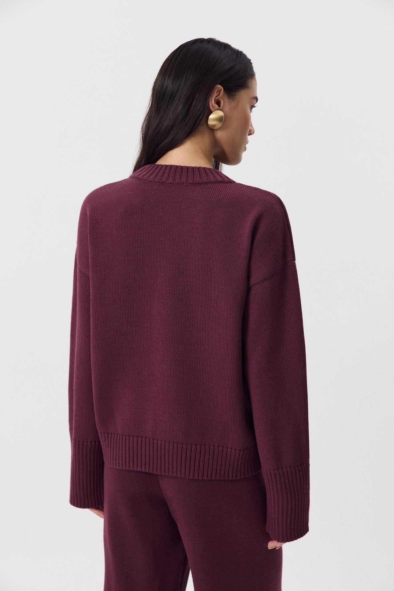 Margo & Main – cotton crew neck drop shoulder sweater, angled view, US women's sizes