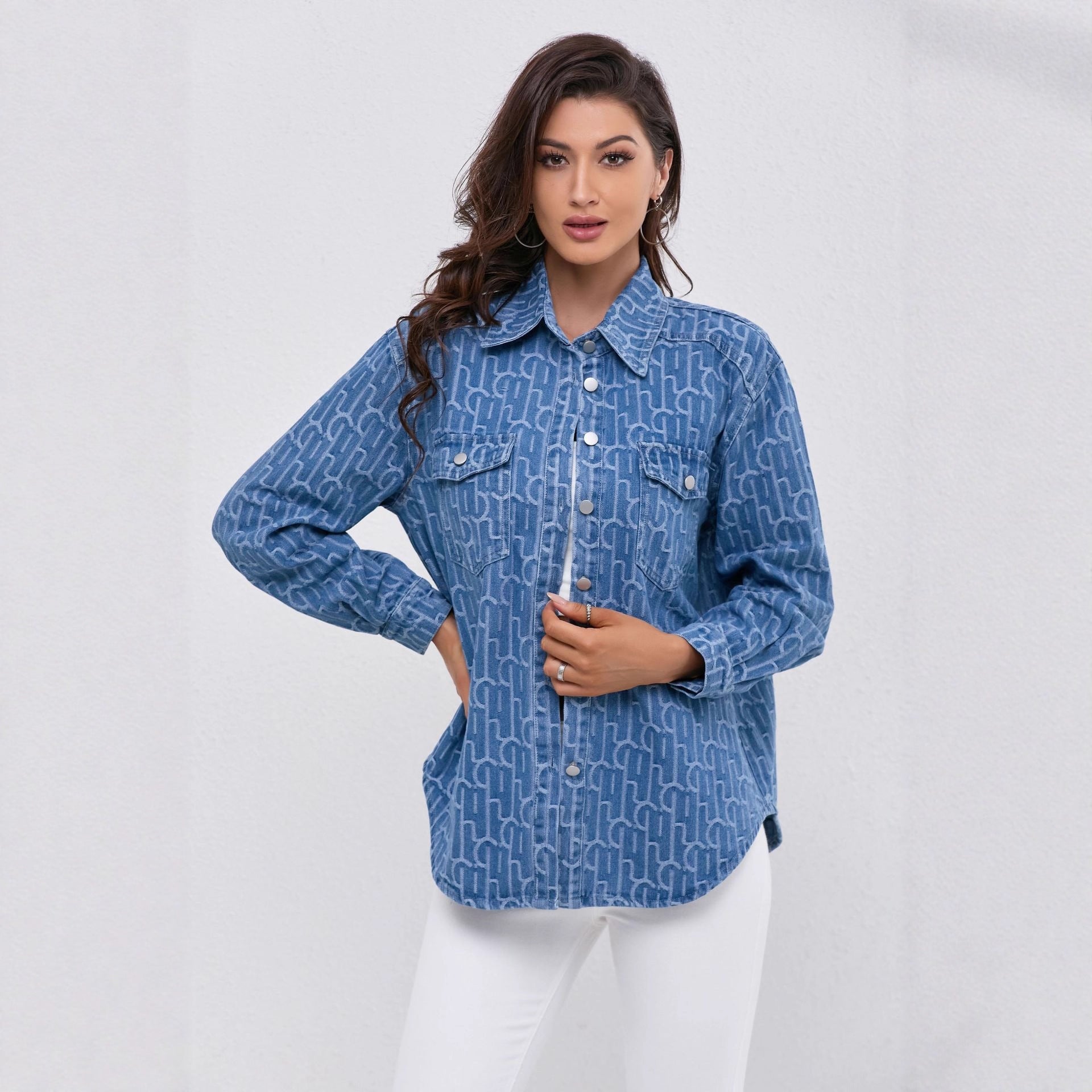 Margo & Main – Blue Printed Jacquard Denim Shirt Jacket Button Front View, US women's sizes