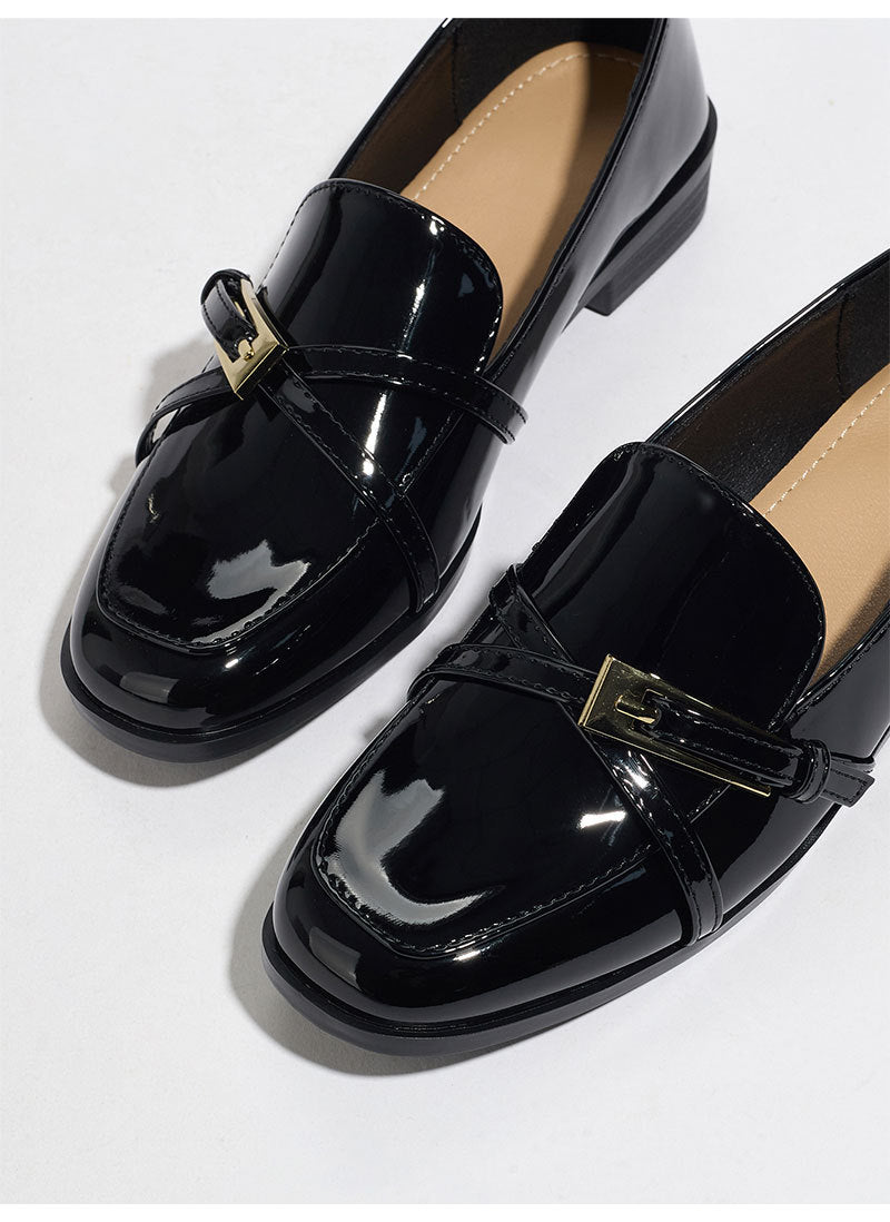 Margo & Main – patent square toe bar loafers, angled view, US women's sizes