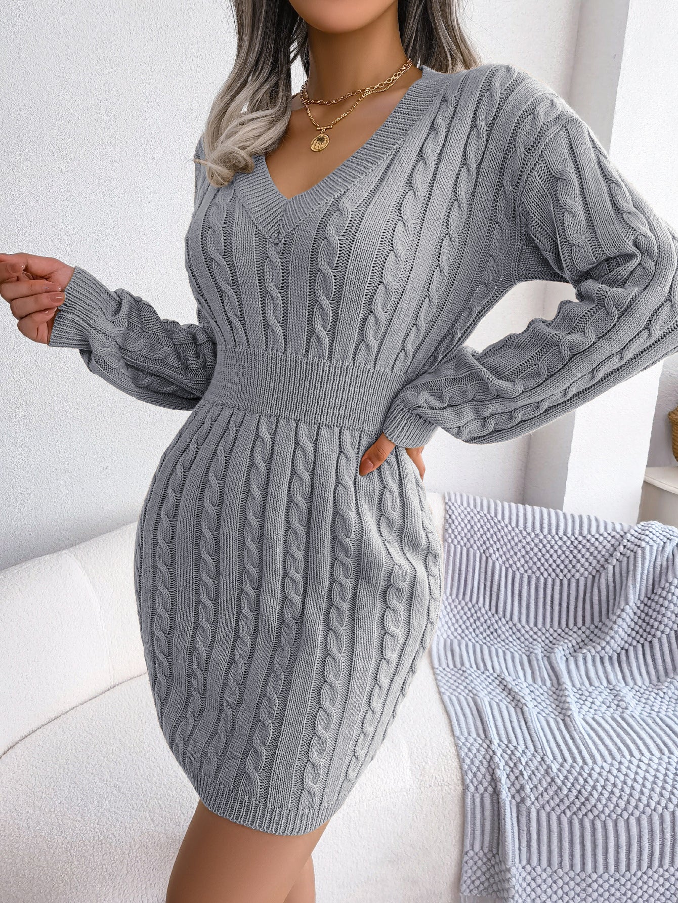 Margo & Main – cable-knit smocked-waist sweater dress, worn view, US women's sizes