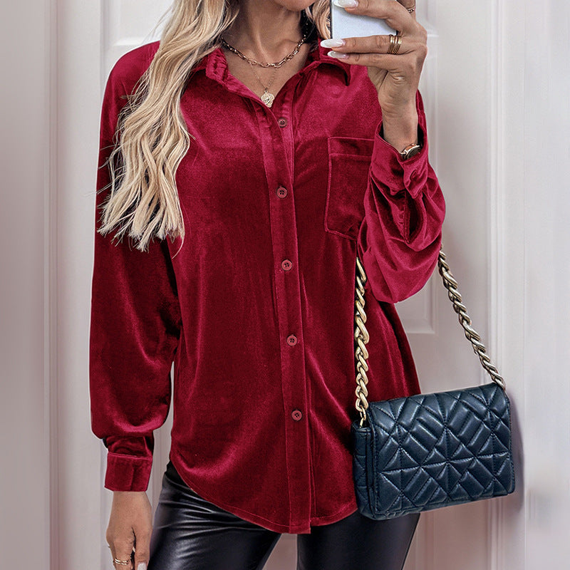 Margo & Main red velvet button-front shirt — mirror selfie with chest pocket and chain bag, US women's sizes