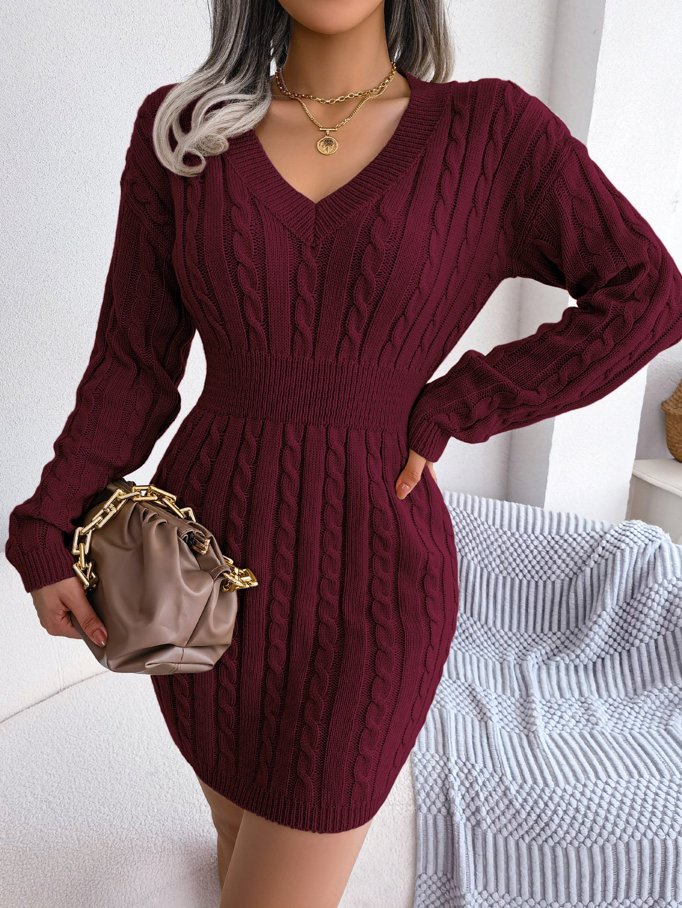 Margo & Main – cable-knit smocked-waist sweater dress, detail view, US women's sizes