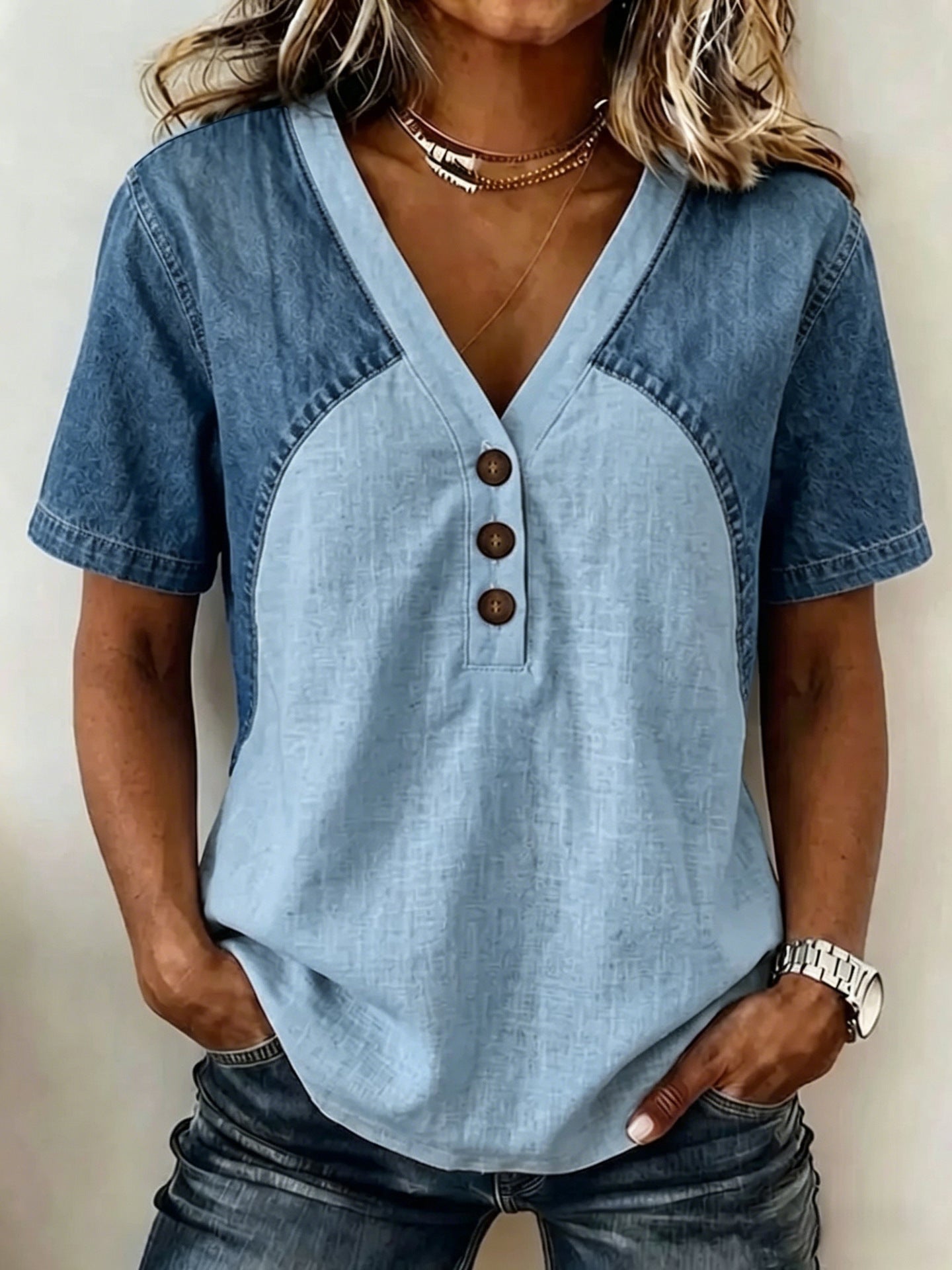 Alexandra Denim Contrast V-Neck Blouse