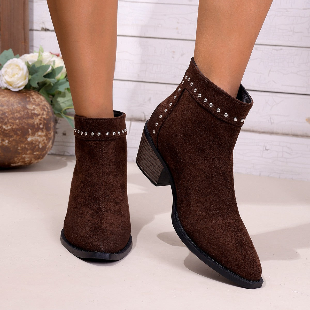 Nikita Studded Pointed-Toe Western Ankle Boots
