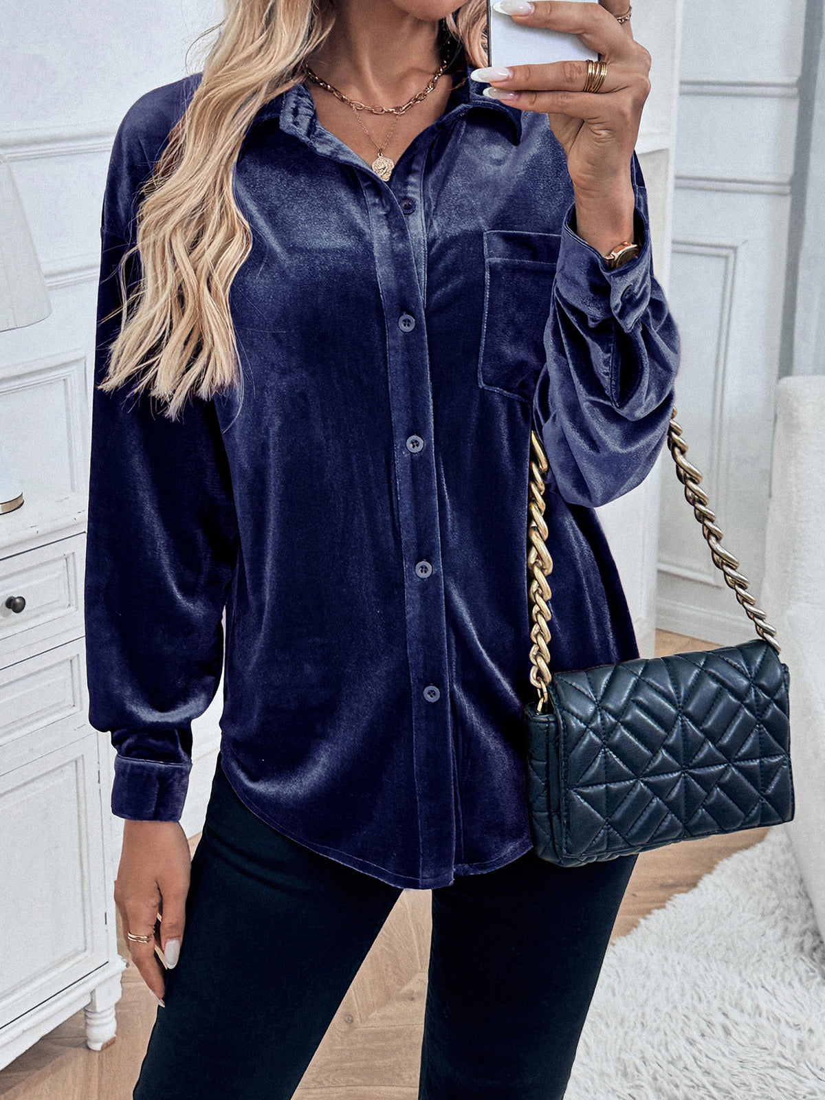 Margo & Main royal blue velvet button-front shirt — mirror selfie buttoned with a chain bag