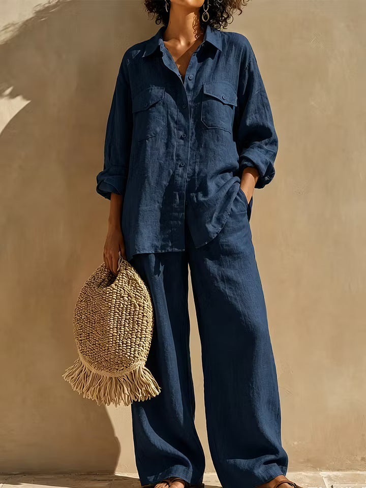 Alize Lightweight Button-Up Wide Leg Pants Set