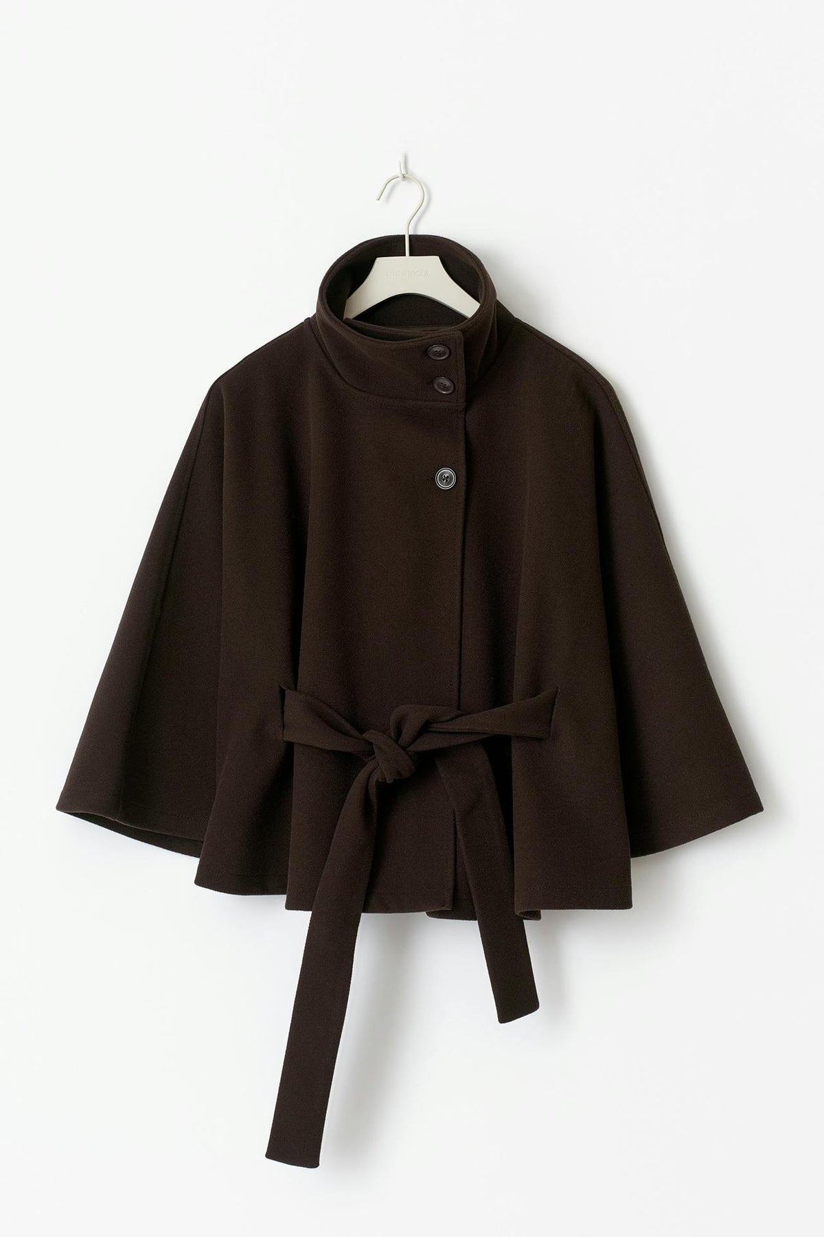 Margo & Main – Anneke chocolate brown button-front belted cape coat, hanger product shot with the belt tied, US women's sizes