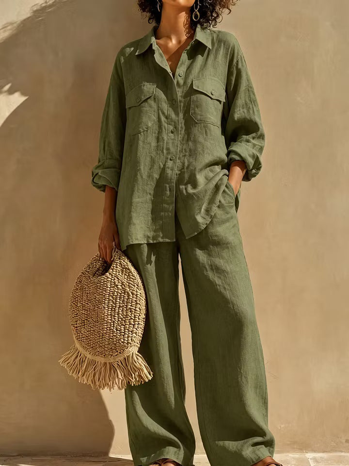 Alize Lightweight Button-Up Wide Leg Pants Set