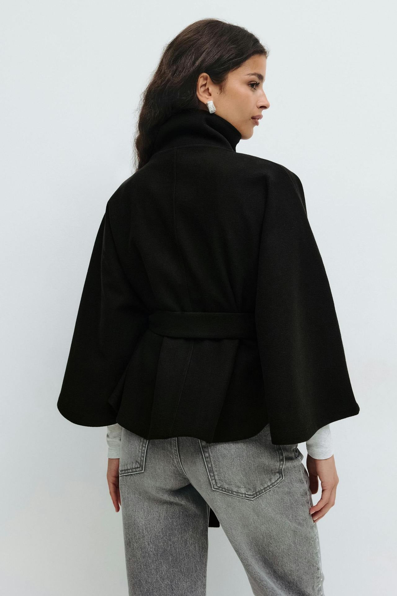 Margo & Main – Anneke black button-front belted cape coat, back view showing the rear belt, US women's sizes