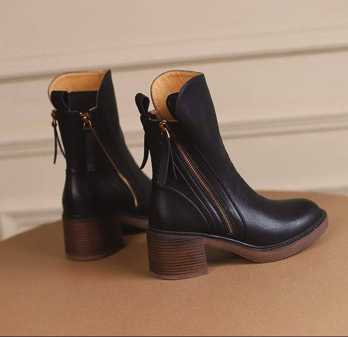 Margo & Main – side-zip stacked heel cowhide ankle boots, detail view, US women's sizes