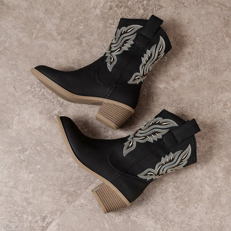 Margo & Main – embroidered mid-calf western boots, angled view, US women's sizes