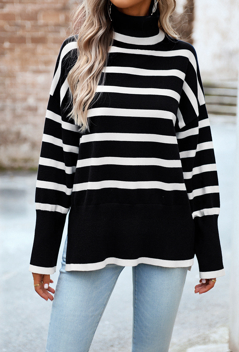 Elvie Striped Mock Neck Side-Slit Sweater