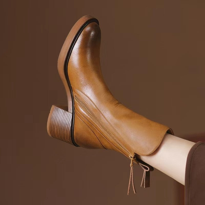 Margo & Main – side-zip stacked heel cowhide ankle boots, full length view, US women's sizes