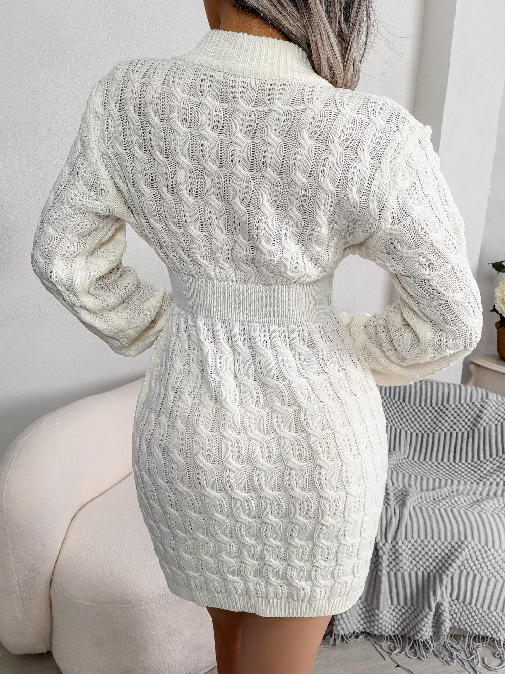 Margo & Main – crew neck textured sweater dress, angled view, US women's sizes