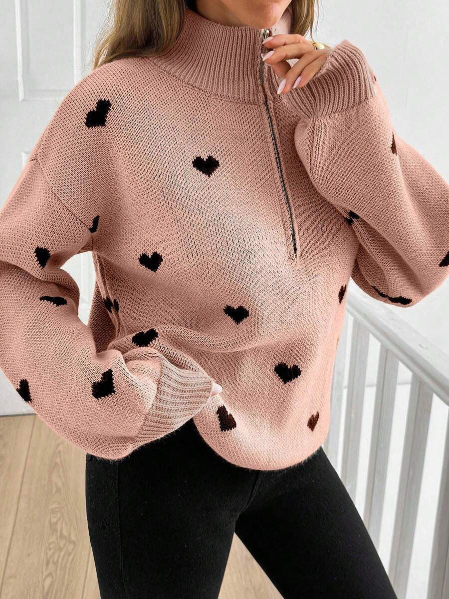 Margo & Main – heart print quarter-zip sweater, additional view 12, US women's sizes