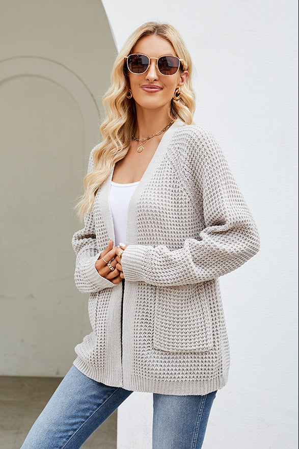 Margo & Main – waffle knit open front cardigan, worn view, US women's sizes