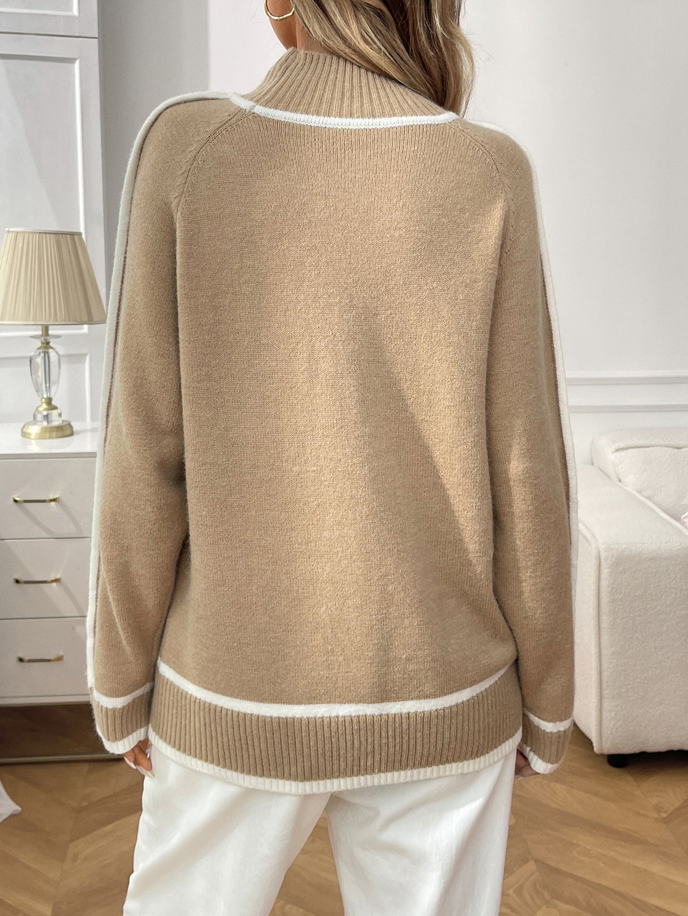 Margo & Main – contrast-trim mock neck sweater, detail view, US women's sizes