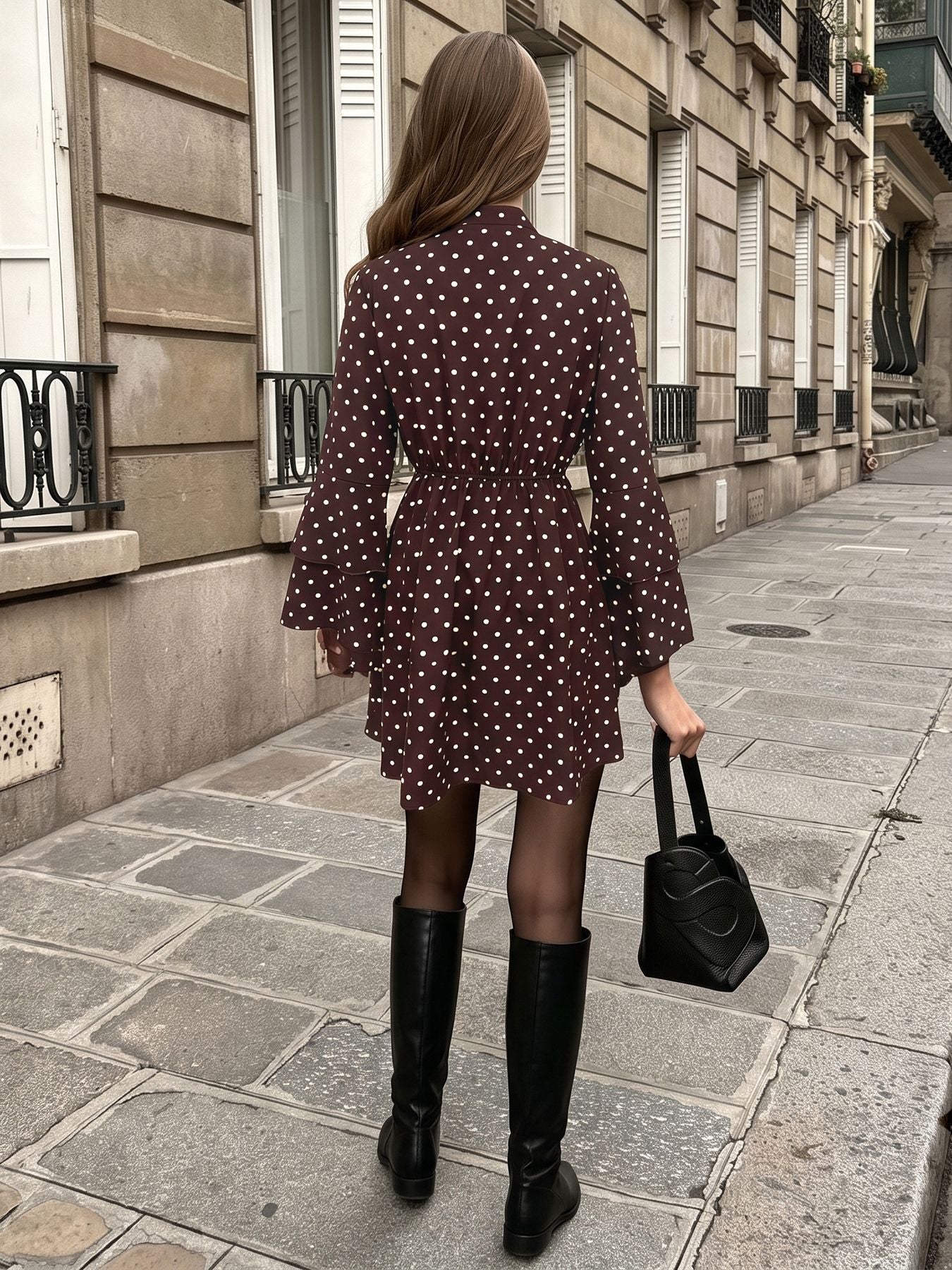 Margo & Main – polka dot bell sleeve mini dress, back view, US women's sizes