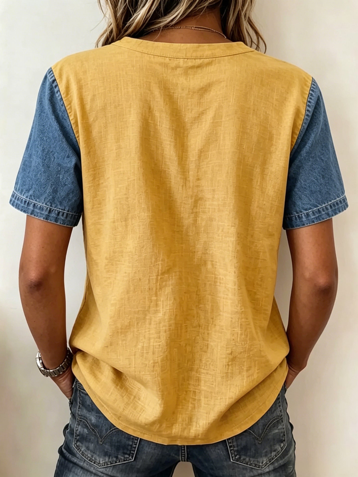 Alexandra Denim Contrast V-Neck Blouse